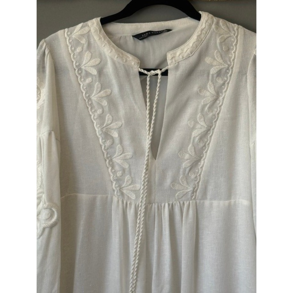 Zara Woman Embroidered Midi Dress Size S White Balloon Sleeve Tassel Boho India - Picture 3 of 8